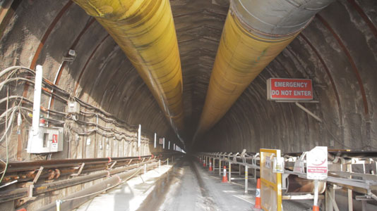 Steep access adits down which the assembled TBMs were walked into the tunnel headings