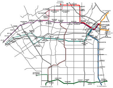 Fig 1. Expansion plans for the LA Metro with the Subway to the Sea (dashed purple line) and the Regional Connector (dashed blue line) currently in design